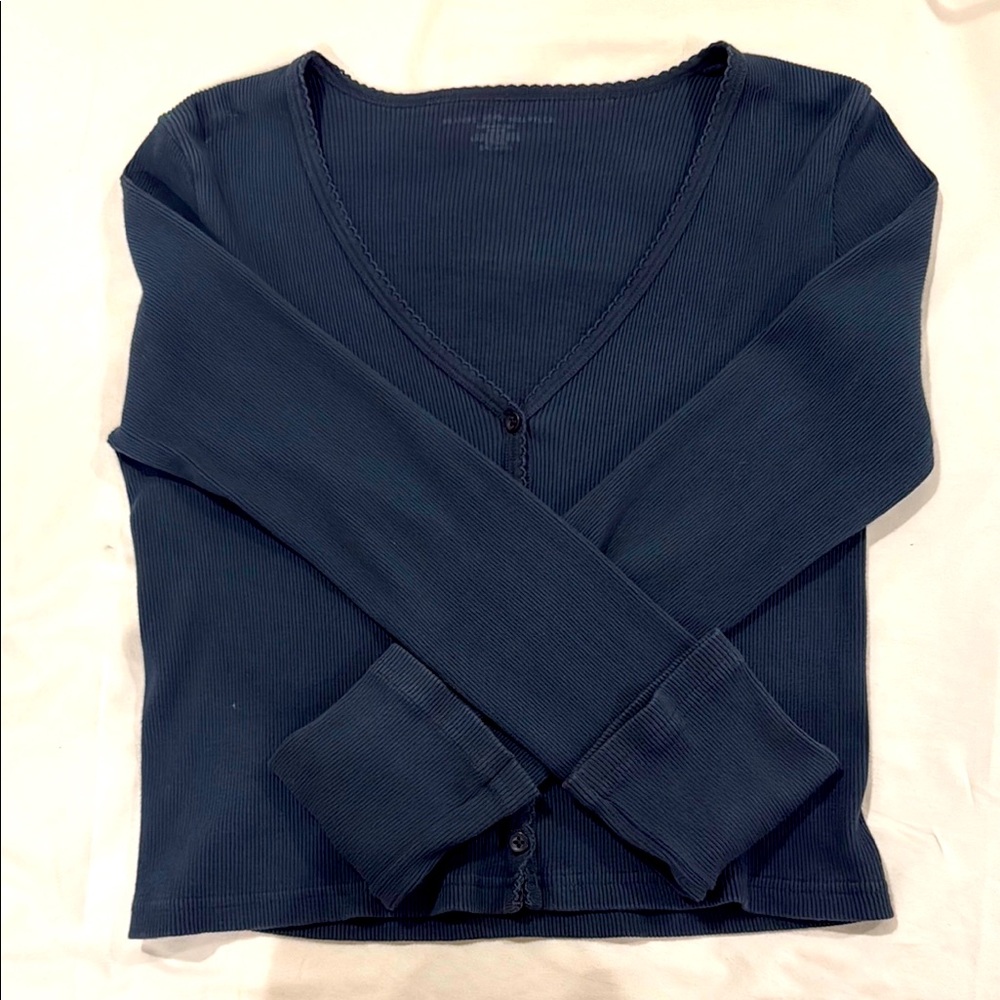 Women's Navy Blue Ribbed V-Neck Cardigan
